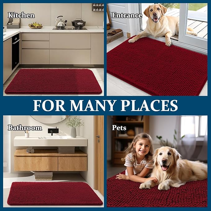 OLANLY Dog Door Mat for Muddy Paws 59x35, Absorbs Moisture and Dirt, Absorbent Non-Slip Washable Doormat, Quick Dry Chenille Mud Mat for Dogs, Entry Indoor Entryway Carpet for Inside Floor, Red