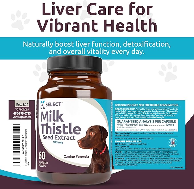 K9 Select Milk Thistle for Dogs, 100mg - 60 Vegetable Capsules - Canine Liver Health Milk Thistle Supplement - Milk Herbal