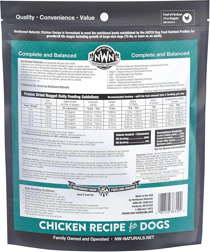 Northwest Naturals Freeze-Dried Chicken Dog Food - Bite-Sized Nuggets - Grain-Free, High-Protein, Raw Diet, Human-Grade Ingredients, All Natural, Healthy & Nutritious, Made in USA, 12 Oz (Pack of 2)