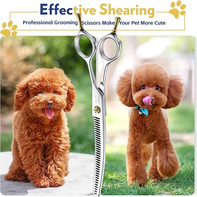 JASON Dog Shears for Grooming - 7" Up-curved Thinning Scissors with 55%-60% Thinning Rate, Japanese 440C Stainless Steel Dog Grooming Blenders with Adjustable Screw (35 Teeth, Silver)