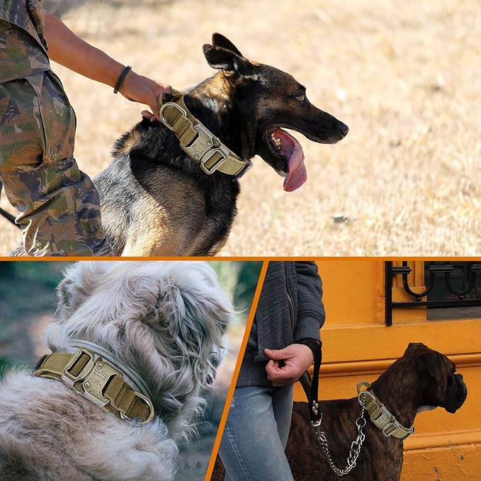 Tactical Dog Collar & Leash Set, Military Dog Collar, Adjustable Nylon, Heavy Duty Metal Buckle, with Handle for Dog Training, Airtags Case, Patches (Brown, M)