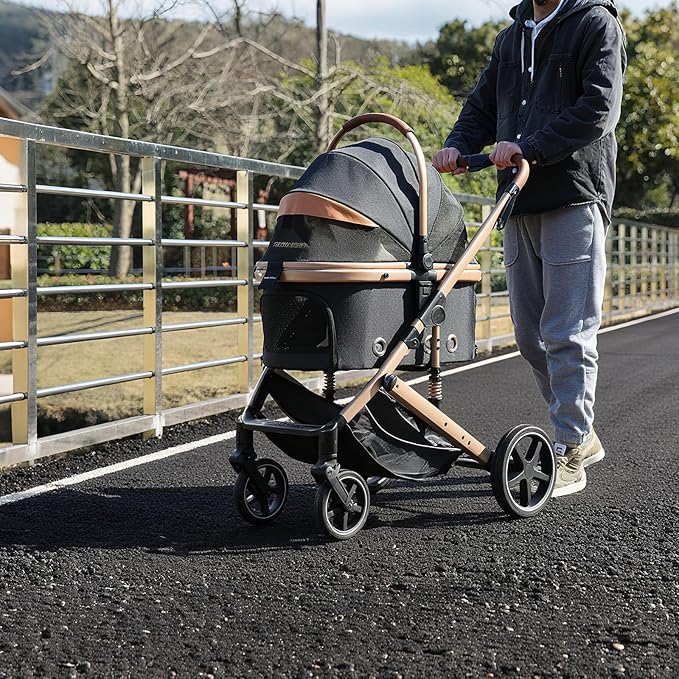 EchoSmile 4 in 1 Pet Stroller, Folding Lightweight Cat & Dog Stroller with Detachable Carrier, NO-Zip 180° Reversible Canopy, All Terrain 4-Wheel,45 lbs Capacity for Small to Medium Dogs