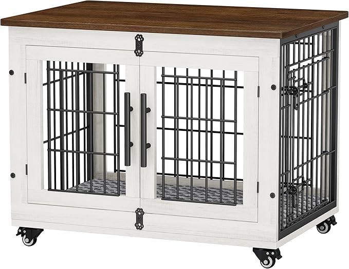 Dog Crate Furniture with Cushion, Wooden Dog Kennel Indoor with Double Doors, Dog Cage with Wheels, Dog House Side End Table for Small Medium Dogs up to 45 lb, 32.5" L, White