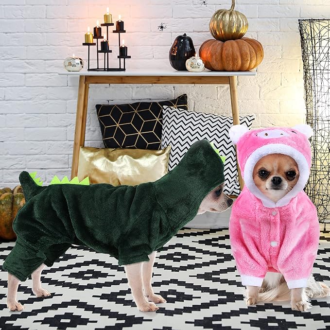Queekay 2 Pieces Cute Dog Costume Halloween Cat Clothes Pink Pig PET Costume Design Dinosaur Clothing Puppy Outfits PET Hoodie Warm Dress up Clothes for Puppies and Kitten(XX-Large)