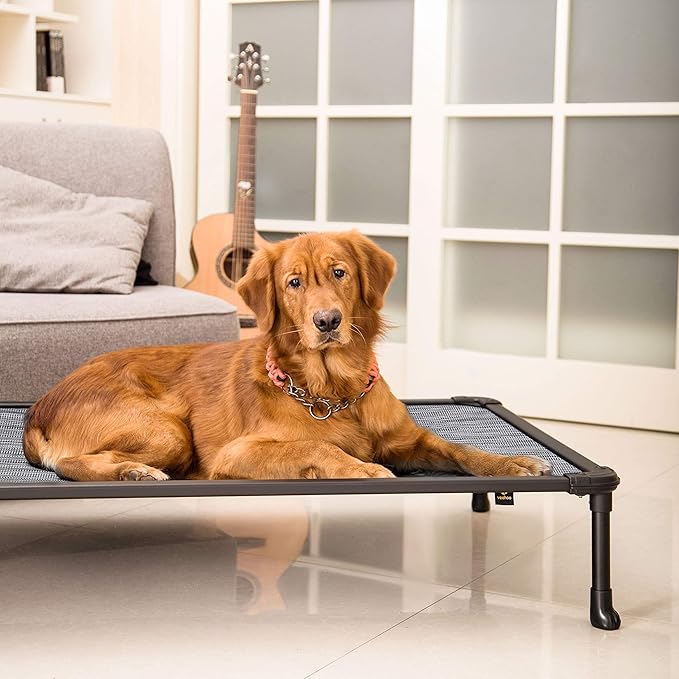 Veehoo Chew Proof Elevated Dog Bed - Cooling Raised Pet Cot - Rustless Aluminum Frame and Durable Textilene Mesh, Unique Designed No-Slip Feet for Indoor or Outdoor Use, Black Silver, X Large