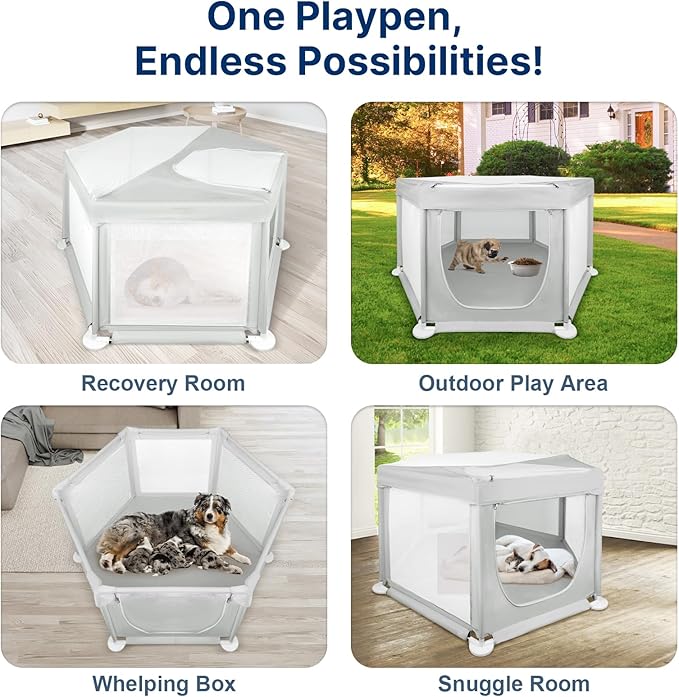 69.3"x69.3"x34.65" Extra Large Dog Playpen Indoor, Tall Puppy Playpen with Removable Roof, Sturdy Fabric Dog Pen for Medium to Large Pets, Spacious Hexagonal Pet Playpen Indoor for Comfort & Security