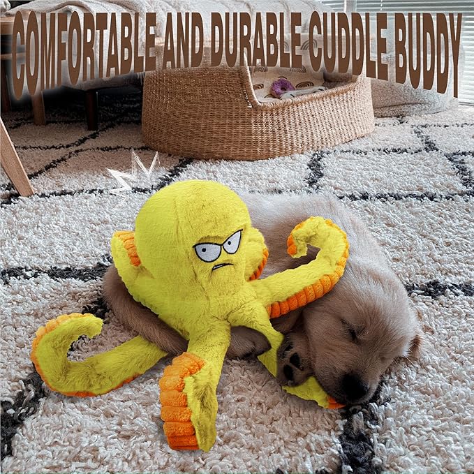 LEGEND SANDY Tough Dog Toys, Stuffed Chew Large Dog Toys to Keep Them Busy, Interactive Squeaky Tug of War Doggie Toy, Crinkle Yellow Octopus