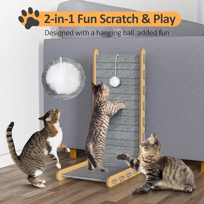 Felt Cat Scratcher for Indoor Cats, 26.8 Inches L Shape Scratching Board Vertical Cat Scratch Post with Fluffy Ball Hanging, Scratch Resistant Felt Cat Scratching Pad, Grey