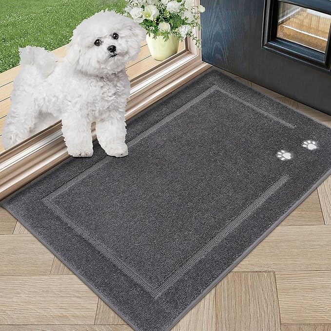 BEQHAUSE Dog Door Mat for Muddy Paws 20"x32" Dirt Trapper Absorbent Doormat Non Slip Entryway Rugs Washable Stain Resistant Welcome Floor Mat Soft Low-Profile for Front Back Door, Dark Grey