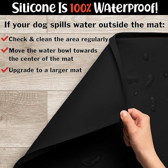 DogBuddy Dog Food Mat – Waterproof Dog Bowl Mat for Food and Water, Silicone Pet Feeding Mats for Floors, Non-Slip Placemat with High Edges for Dogs Bowls, Puppy Essentials (Small: 19"x12", Black)