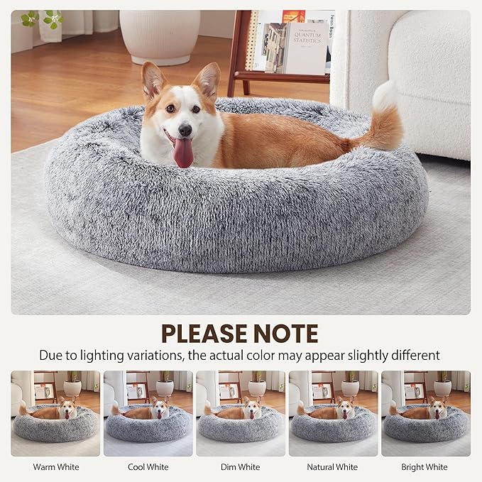 Calming Dog Bed - Donut Washable Large Size Round Pet Bed for Dogs and Cats, 36 inches Anti-Slip Fluffy Faux Fur Plush Cat Bed, Anti-Anxiety Cushion with Anti-Slip Bottom
