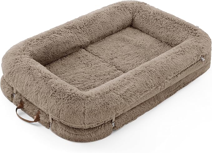 LE SURE Foldable Human Dog Bed - 3 in 1 Flexible Giant Human Dog Bed for Adult People with Supportive Bolster Egg Foam, Waterproof Liner, Calming Fluffy Faux Fur Orthopedic Big Bean Bed, Camel