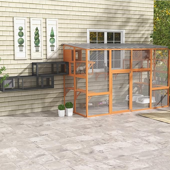 PawHut Cat Tunnel Outdoor, Wooden Cat Tube with Combinable Design, 8 Doors, 98" Cat Toys for Kitty, Puppy, Pet, House, Window, Cage, Dark Gray