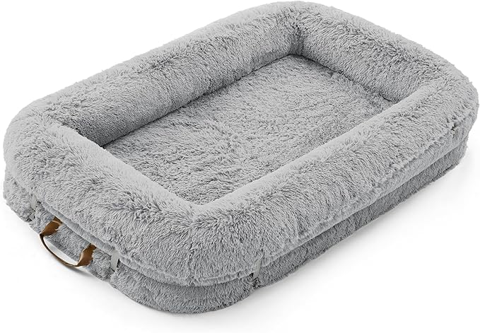 LE SURE Foldable Human Dog Bed - 3 in 1 Flexible Giant Human Dog Bed for Adult People with Supportive Bolster Egg Foam, Waterproof Liner, Calming Fluffy Faux Fur Orthopedic Big Bean Bed, Light Grey