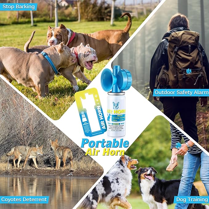 Air Horn, 1.4 oz 120 dB Loud Air Horns for Safety, for Coyotes and Aggressive Dog, Stops Attacking Fighting Barking Chasing, Effective Training Tool & Outdoor Safety Alarm, Blue(4 Pack)