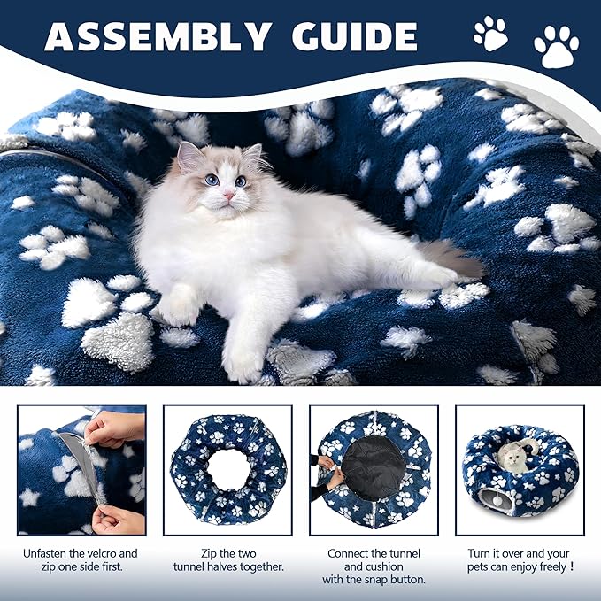 Cat Tunnel for Indoor Cats, Cute Peekaboo Cat Cave with Dangling Balls, Pet Donut Tunnel Bed with Circle Mat for Puppy Kitten Rabbit, Blue Paw
