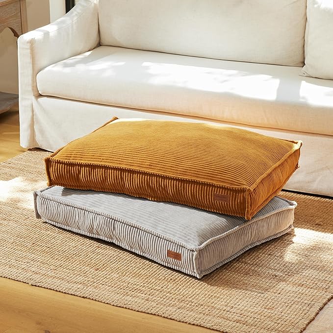 FUKUMARU Dog Bed, Thickened Corduroy Dog Beds Mat with Washable Cover, Large Waterproof Cotton Dogs Bed for Crate, Cozy Fluffy Pet Pillow Beds Kennel Pad with Non-Slip Bottom, 36inch, Light Grey
