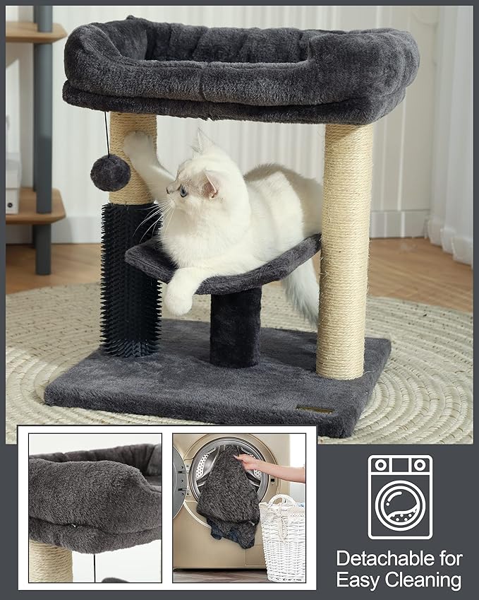 Hoopet 20-Inch Cat Tree Tower, Small Cat Scratching Post for Indoor Cats and Kittens, Sisal Cat Scratcher with Plush Bed Perch, Self Groomer and Hanging Toy Ball, Smoky Grey