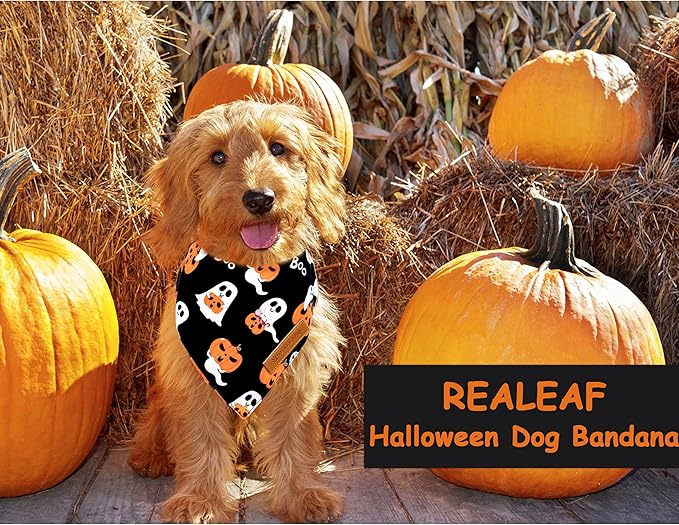 Realeaf Halloween Dog Bandanas 2 Pack, Reversible Orange Pumpkin Pet Scarf for Boy and Girl, Premium Durable Fabric, Holiday Bandana for Small Medium Large and Extra Large Dogs (X-Large)