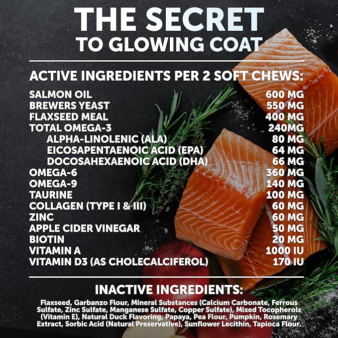 Omega 3 Fish Oil for Dogs - Dog Allergy Chews - Itch Relief & Skin and Coat Supplement with Salmon Oil - Hot Spots Treatment - Allergy & Anti Shedding Support - EPA & DHA Fatty Acids - 120 Treats