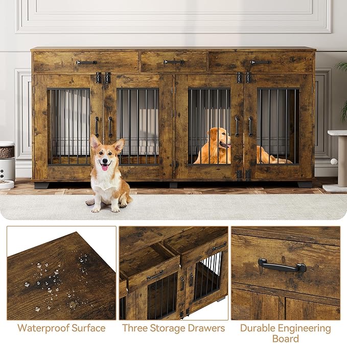 71'' Double Dog Crate Furniture, Large Dog Kennel Indoor with 3 Storage Drawers and Removable Divider for 2 Dogs, Heavy Duty Decorative Dog House TV Stand Side Table for Medium Large Dogs, Brown