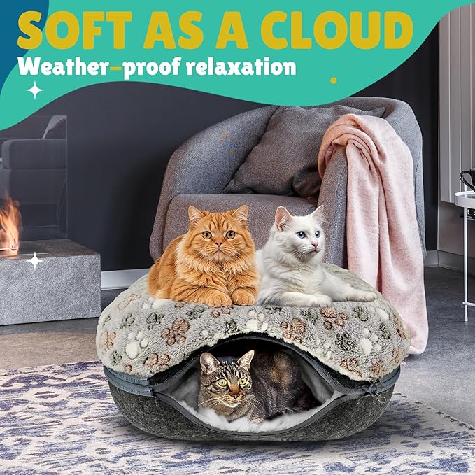 RINGTAIL Peekaboo Cat Cave - Cat Caves for Indoor Cats, Cat Donut Tunnel Bed, Kitten Beds Felt, Cat Bed Cave Large with Two Fluffy Fleece Cushion, Nest Cove Scratch-Resistant Detachable & Washable