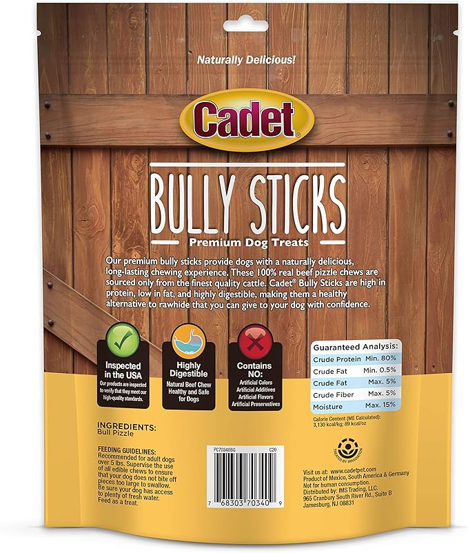 Cadet Bully Sticks for Small Dogs, All-Natural Beef Pizzle, Rawhide-Free Long-Lasting Dog Chews for Aggressive Chewers, 1 Pound