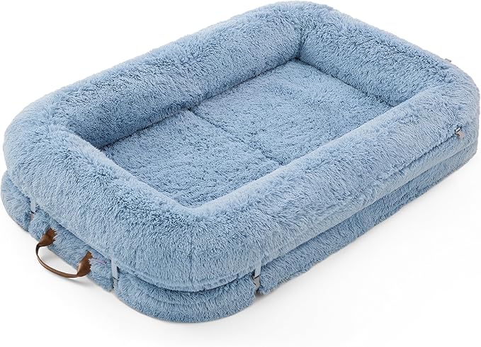 LE SURE Foldable Human Dog Bed - 3 in 1 Flexible Giant Human Dog Bed for Adult People with Supportive Bolster Egg Foam, Waterproof Liner, Calming Fluffy Faux Fur Orthopedic Big Bean Bed, Blue