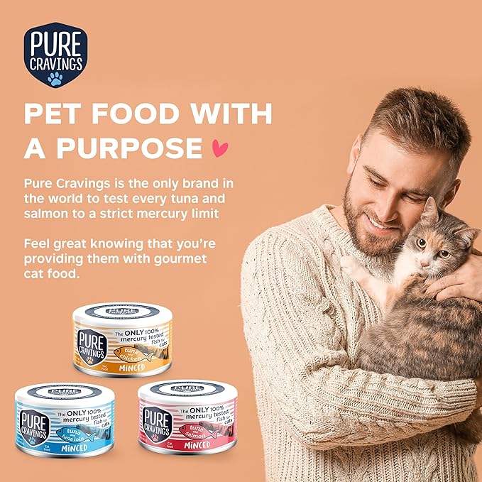 Pure Cravings Minced Tuna Wet Canned Cat Food, 100% Mercury-Tested, Moist Can Fish for Cats, Grain-Free, Protein, Non-GMO, Variety Pack, 3oz, Pack of 12