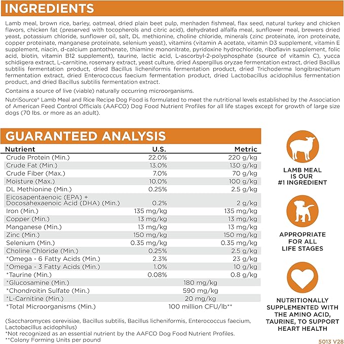 NutriSource Adult Dog Food, Made with Lamb Meal and Rice, with Wholesome Grains, 30LB, Dry Dog Food