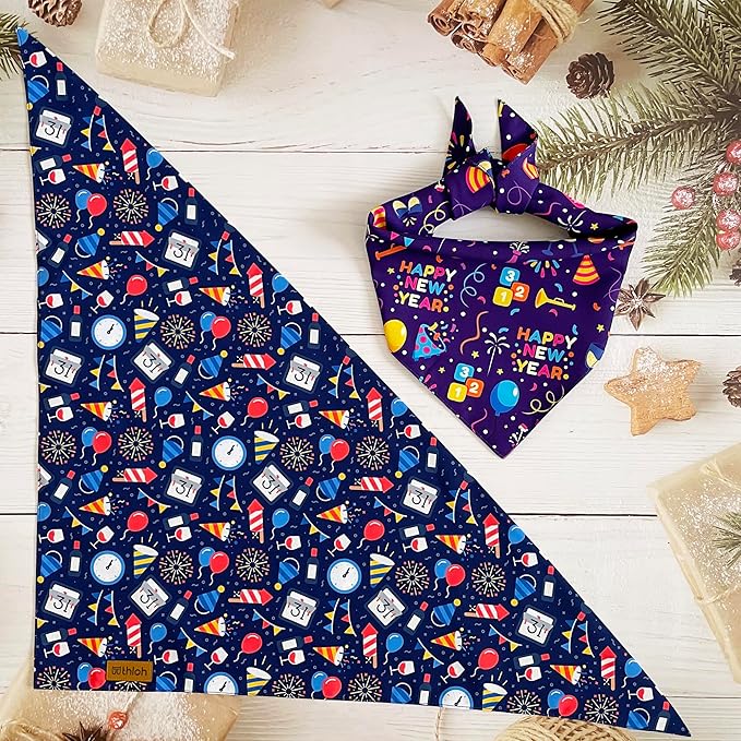 Happy New Year Dog Bandanas - 2 Pack Reversible Holiday Dog Scarf for Boy and Girl, Premium Durable Fabric, Bandana for Large and Extra Large Dogs (X-Large)