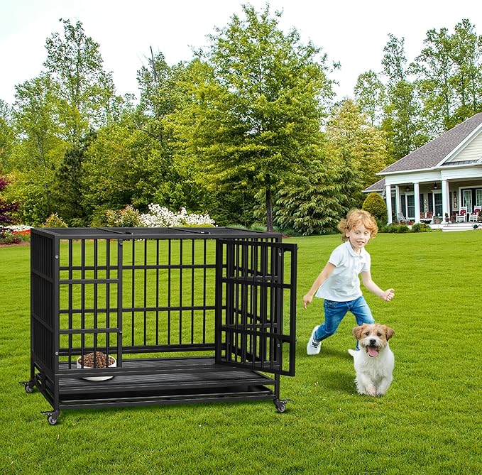 42 in Heavy Duty Dog Crate, Foldable Indoor Dog Cage with Double Door, 360° Lockable Wheels and Removable Tray, Easy to Clean and Assembly,for Small Medium Large Dogs