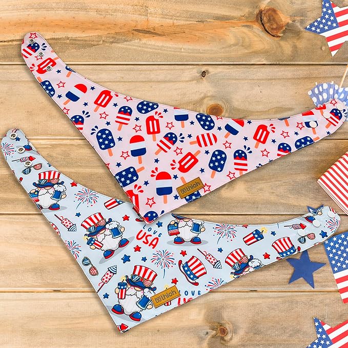 4th of July Dog Bandanas with Snap Button, 2 Pack American Flag Pet Scarf for Boy & Girl, Premium Durable Fabric, Adjustable Fit, Patriotic Bandana for Medium and Large Dogs (Large)
