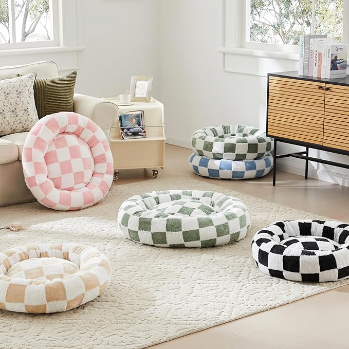 Checkered Dog Bed, Cute Sage Green Retro Style Aesthetic Round Warming Pet Calming Beds for Small Dog and Cats, Plush Cozy Donut Washable, 30" L x 30" W x 8" Th