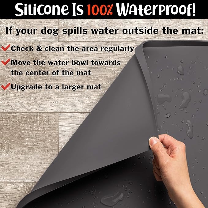 DogBuddy Dog Food Mat – Waterproof Dog Bowl Mat for Food and Water, Silicone Pet Feeding Mats for Floors, Non-Slip Placemat with High Edges for Dogs Bowls, Puppy Essentials (XXL: 32"x24", Shadow)