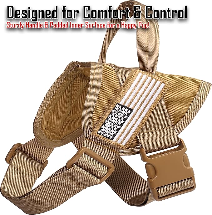 Service Dog Harness with Handle – No-Pull Tactical Dog Vest for Large Dogs, Military Style Heavy-Duty Tactical Dog Harness with Cushioned Soft Underpad That Doesn’t Collect Dog Hair; Brown (L)
