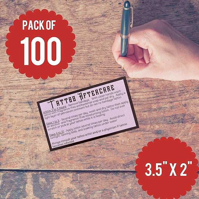 100 Pink Tattoo Aftercare Instruction Cards (3.5” X 2” inches) Pink Tattoo Aftercare Cards