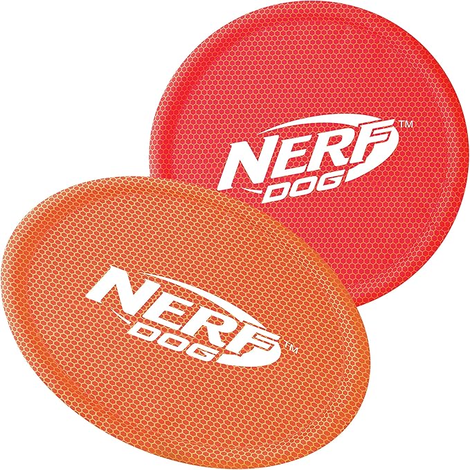 Nerf Dog Nylon Flyer Dog Toy, Flying Disc, Lightweight, Durable and Water Resistant, Great for Beach and Pool, 9 inch Diameter, for Medium/Large Breeds, Two Pack, Orange and Red (8959)