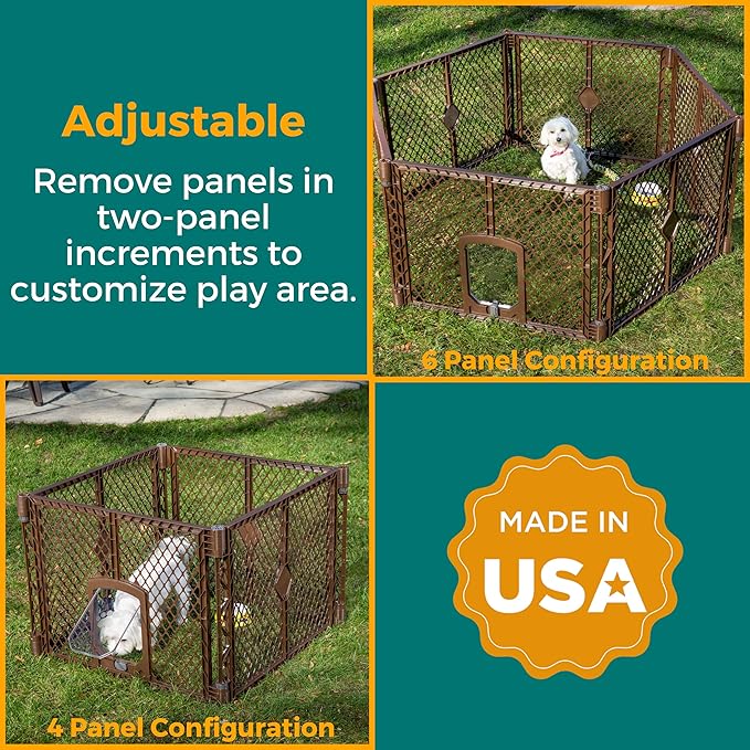 MyPet 8-Panel Petyard Passage: 6.5 ft. Wide 26 in. Tall Brown Freestanding Customizable Folding Pet Enclosure with Lockable Pet Door; Indoor/Outdoor Puppy Playpen Made in USA