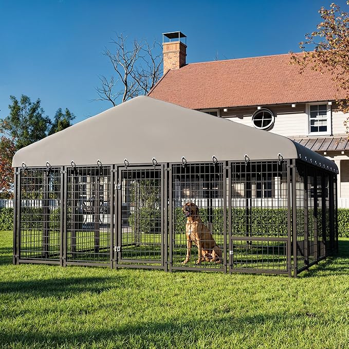 Large Dog Kennel Outside Heavy-Duty Outdoor Dog Cage with Roof and Double Lock - Spacious, Dog Crate for Pets with Feeding, 120"X117"
