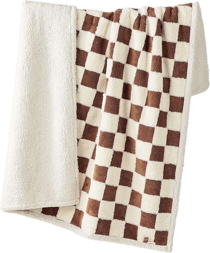 Lesure Waterproof Dog Blanket for Large Dogs - Washable Double Sided with Warm Jacquard Shag and Soft Sherpa Fleece, Pet Cat Blanket for Couch Protection, 3D Textured Checks, Brown