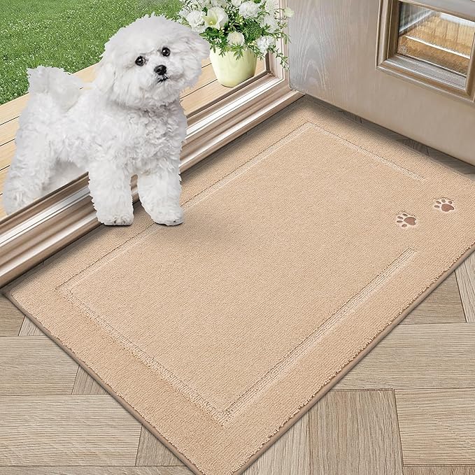 BEQHAUSE Dog Door Mat for Muddy Paws 20"x32" Dirt Trapper Absorbent Doormat Non Slip Entryway Rugs Washable Stain Resistant Welcome Floor Mat Soft Low-Profile for Front Back Door, Beige