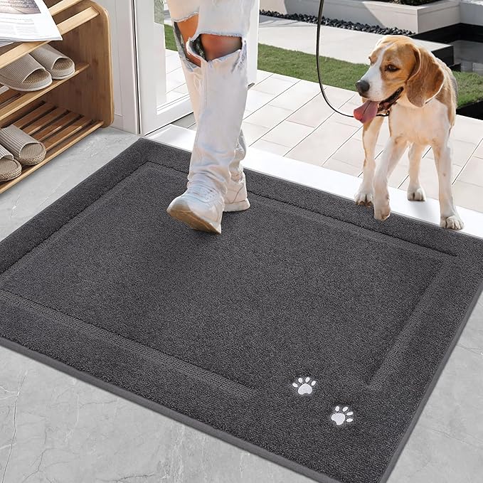BEQHAUSE Dog Door Mat for Muddy Paws 24"x36" Dirt Trapper Absorbent Doormat Non Slip Entryway Rugs Washable Stain Resistant Welcome Floor Mat Soft Low-Profile for Front Back Door, Dark Grey