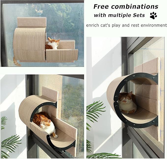 Cat Window Perch for Indoor Cats,Multiple Uses as Window Seat,Condo & Shelves,Scratchable Suction Cups Window Cat Bed for Hiding,Naping and Overlooking(Oatmeal)