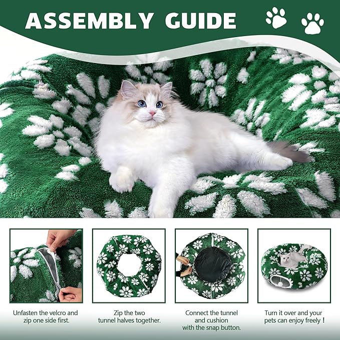 Cat Tunnel for Indoor Cats, Cute Peekaboo Cat Cave with Dangling Balls, Pet Donut Tunnel Bed with Circle Mat for Puppy Kitten Rabbit, Green Flower