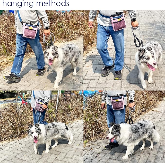 Dog Treat Pouch with Magnetic Closure 4-Cup Silicone Bag Fanny Pack Holder with Clicker 4 Ways to Wear Front Pocket Fits All Phones Ideal for Leash, Pet Walking and Training(Pink)