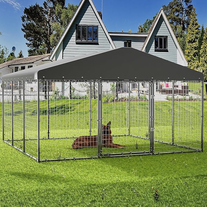 Dog Kennel Outdoor, 10x10x6 FT Heavy Duty Dog Pens Outside with UV & Water Resistant Roof, Large Dog Fence for Yard Metal Chicken Run with Double Locks