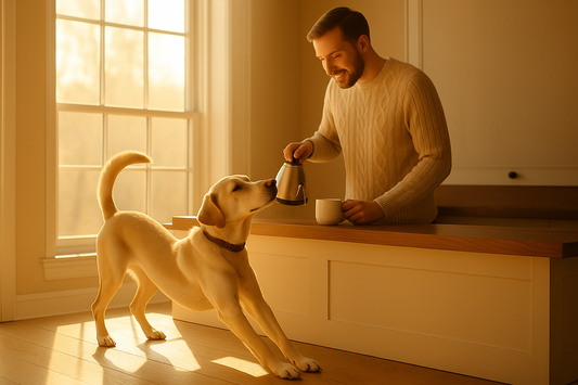 A golden Labrador stretching near a sunlit window while its owner pours morning coffee in a cozy kitchen — warm, peaceful atmosphere.”