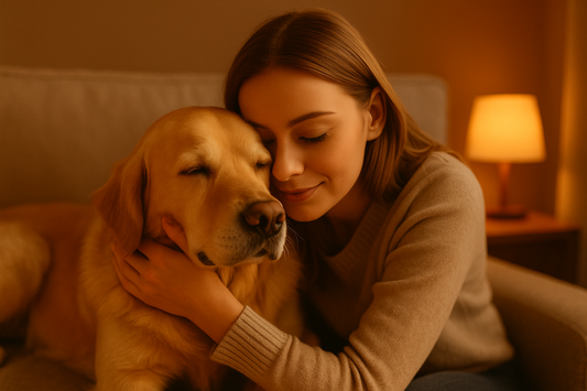 A soft-focus shot of a person hugging a golden retriever on a couch — warm tones, emotional lighting.