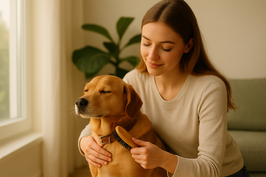 “A woman gently brushing her dog’s fur in natural light, creating a calm and caring atmosphere — daily pet care moment.”